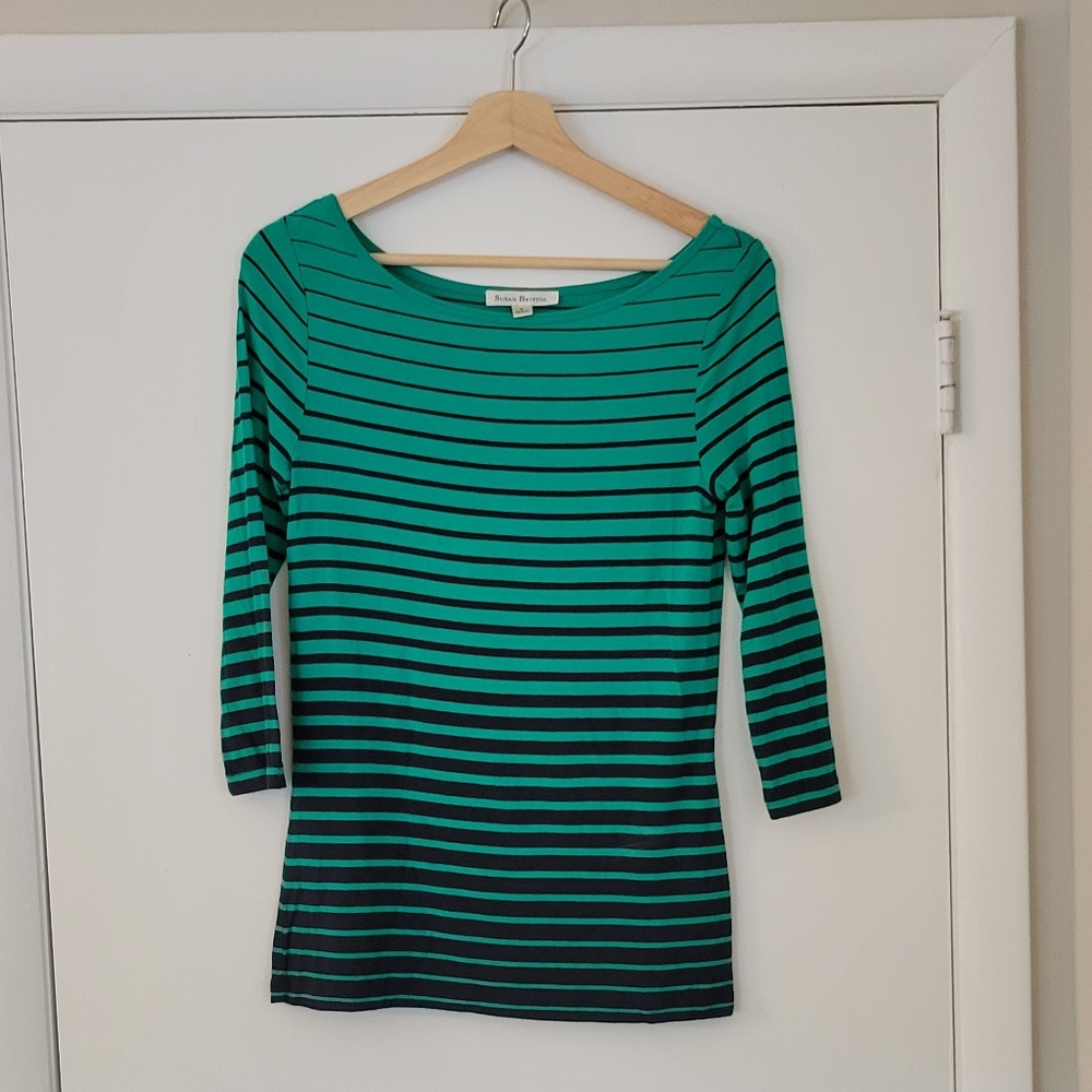 Susan Bristol small Green and blue stripe boatneck stretch top